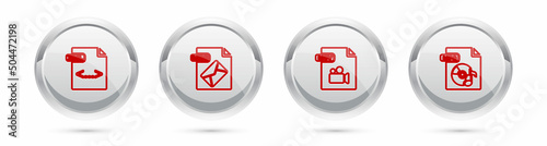 Set line XML file document, MSG, MOV and MP3. Silver circle button. Vector