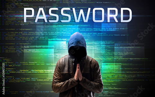 Fototapeta Naklejka Na Ścianę i Meble -  Faceless hacker on code background