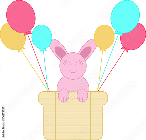 Adorable bunny on a basket with balloons
