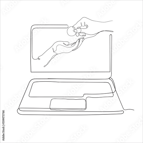 continuous line drawing hand giving and receiving coin on laptop symbol for digital charity or payment illustration