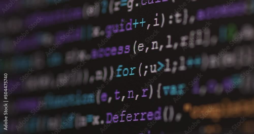 4K Close up shot programming tag code on PC Monitor scroll down. Background concept for programming and coding web development.