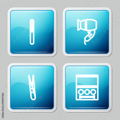 Set line Nail file, Hair dryer, Eyebrow tweezers and shadow palette icon. Vector