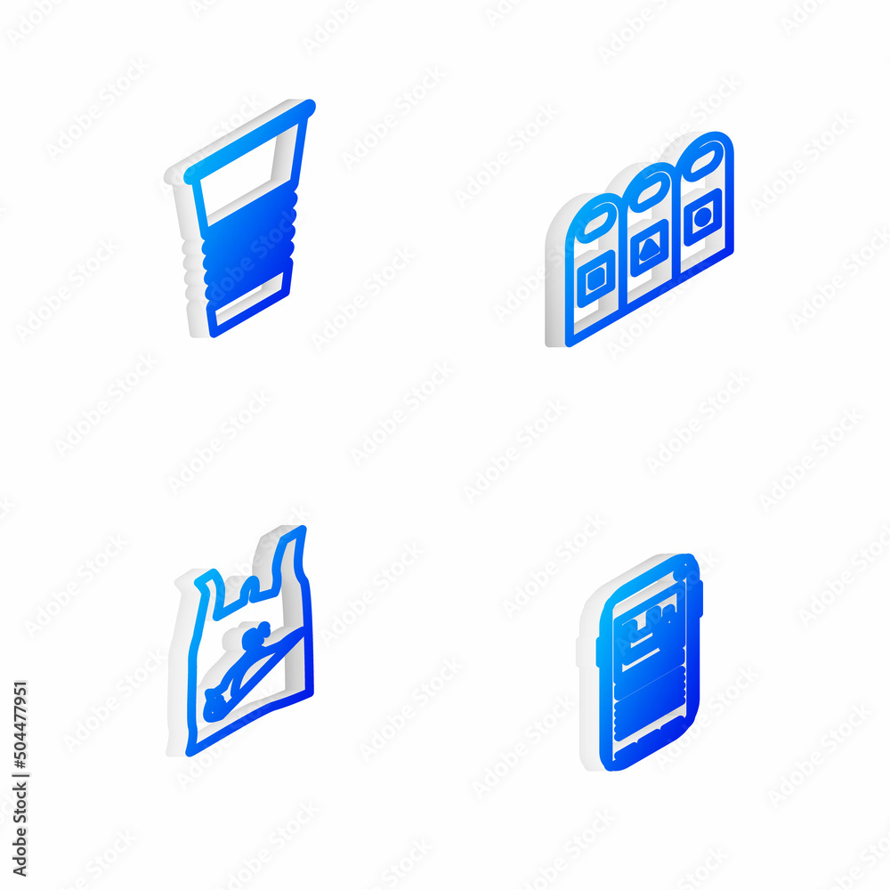 Set Isometric line Trash in garbage cans sorted, Paper glass, Dead bird, plastic and Stop pollution icon. Vector Set Isometric line Trash in garbage cans sorted, Paper glass, Dead bird, plastic and Stop pollution icon. Vector