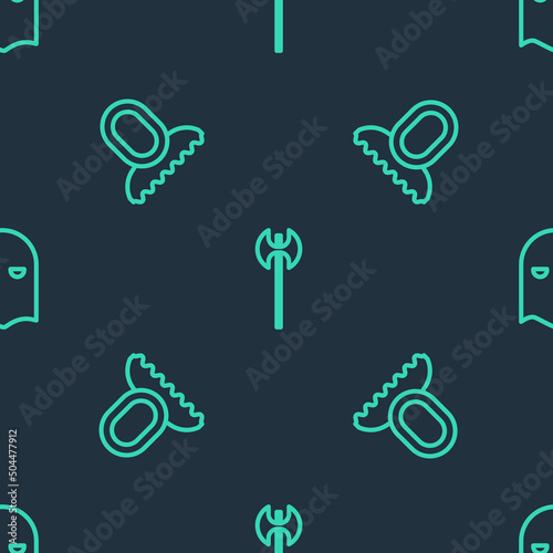 Set line Medieval axe, hood and Executioner mask on seamless pattern. Vector