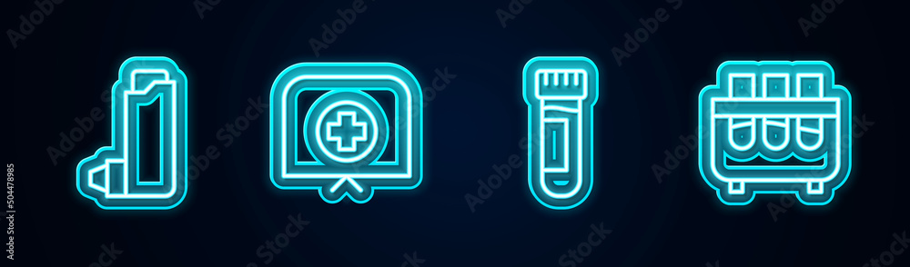 Set line Inhaler, Nurse hat with cross, Test tube blood and and flask. Glowing neon icon. Vector Set line Inhaler, Nurse hat with cross, Test tube blood and and flask. Glowing neon icon. Vector
