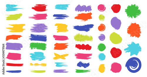 Brush stroke colorful textured set. For label, backgrounds, for tags and stamps design isolated on white background. Children paint. Painted label backgrounds patch. Ink smudges, stains, spots. Vector