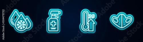 Set line Blood test and virus, Liquid antibacterial soap, High human body temperature and Medical protective mask. Glowing neon icon. Vector