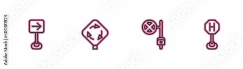 Set line Traffic sign turn right, Stop with camera, Roundabout traffic and Hospital road icon. Vector