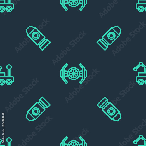 Set line Cosmic ship, Rocket and Mars rover on seamless pattern. Vector