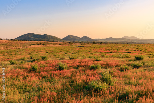 Sunset shining on low hills and fields. photo