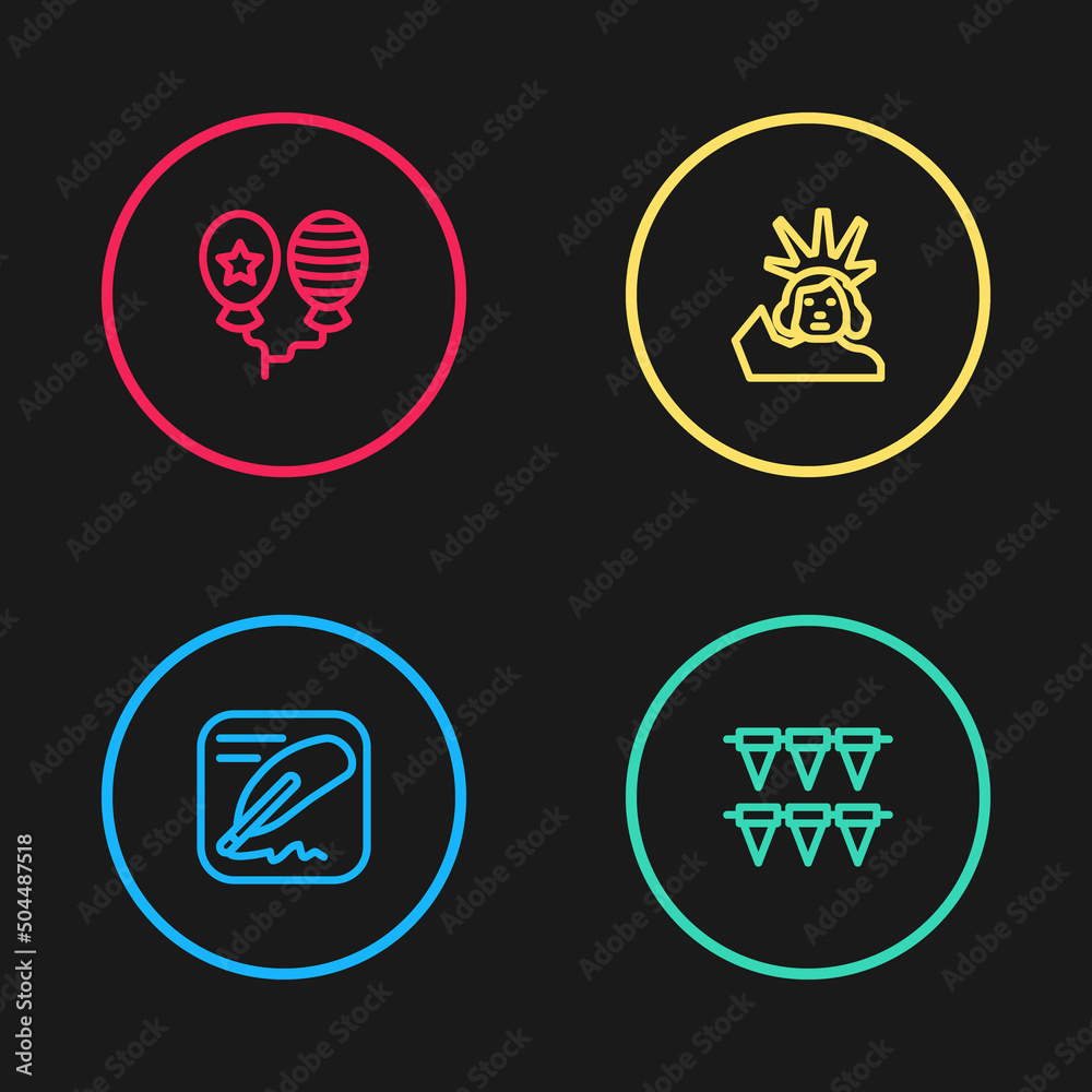 Set line Declaration of independence, Carnival garland with flags, Statue Liberty and Balloons icon. Vector Set line Declaration of independence, Carnival garland with flags, Statue Liberty and Balloons icon. Vector
