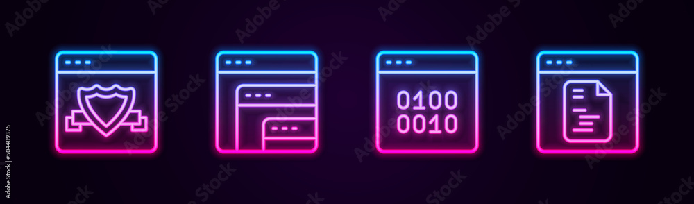 Set line Browser with shield, Software, Binary code and . Glowing neon icon. Vector Set line Browser with shield, Software, Binary code and . Glowing neon icon. Vector