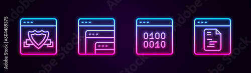 Set line Browser with shield, Software, Binary code and . Glowing neon icon. Vector