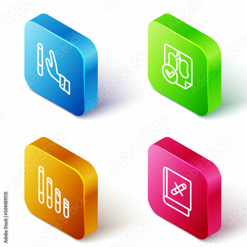 Set Isometric line Giving up cigarette, Lungs x-ray diagnostics, Smoking and Book with stop icon. Vector