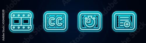 Set line Play video, Subtitles, Stopwatch and Add playlist. Glowing neon icon. Vector