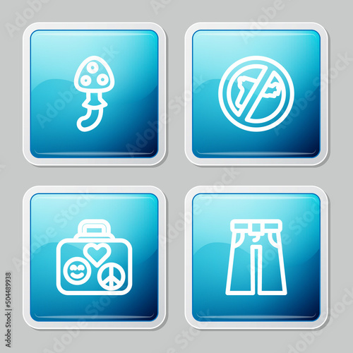 Set line Psilocybin mushroom, No war, Suitcase for travel and Jeans wide icon. Vector