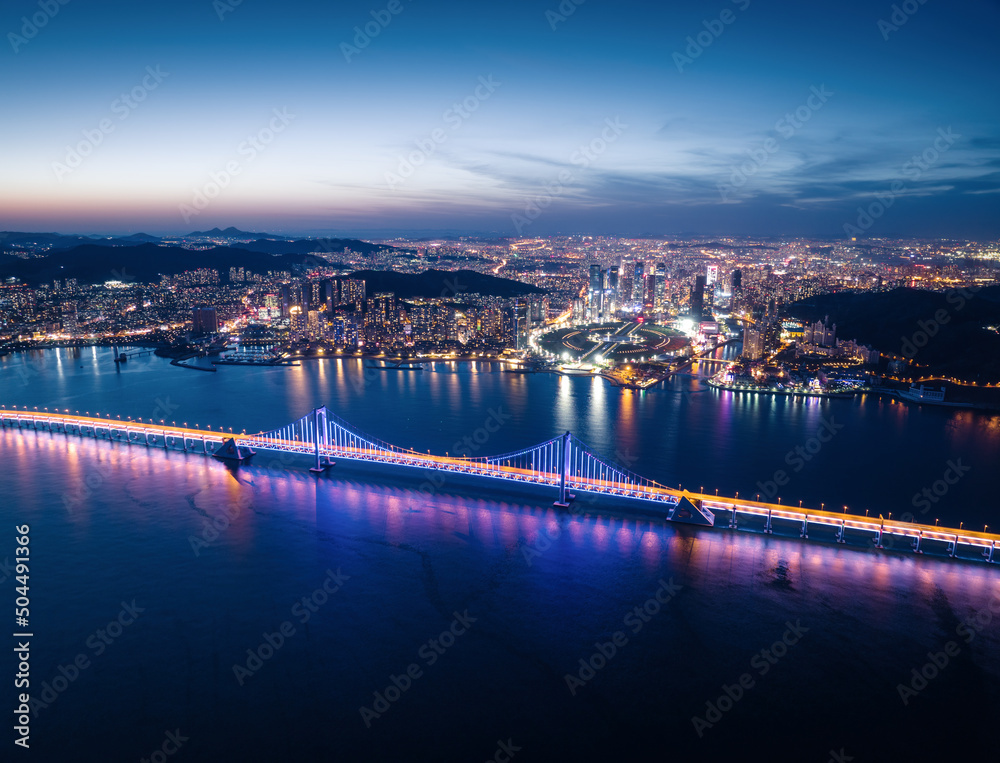 City coastline and sea bridge at night