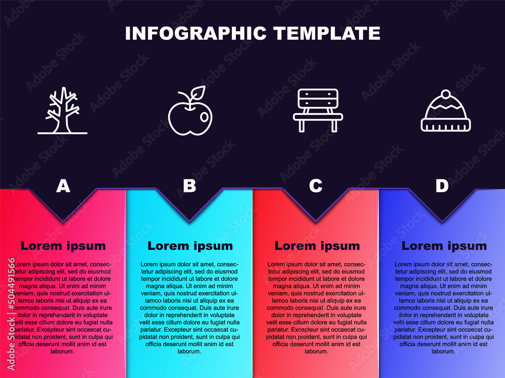 Set line Bare tree, Apple, Bench and Winter hat. Business infographic template. Vector Set line Bare tree, Apple, Bench and Winter hat. Business infographic template. Vector