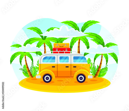 Friends travel by car on summer holidays. Happy people and dog in van during summertime road trip. Man, women and doggy in caravan on vacation. Flat vector illustration isolated on white background © iestudio