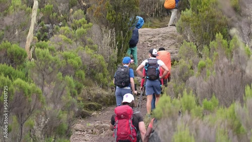 The general plan of porters and tourists are walking along the slope of a rocky mountain during a hike. A chain of porters with equipment walking along a narrow path while climbing Kilimanjaro. photo