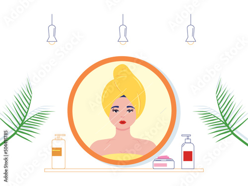 Woman in towel on head and body looking in mirror at spa salon. Spa treatment with various kinds of skincare. Spa vector illustration.	
