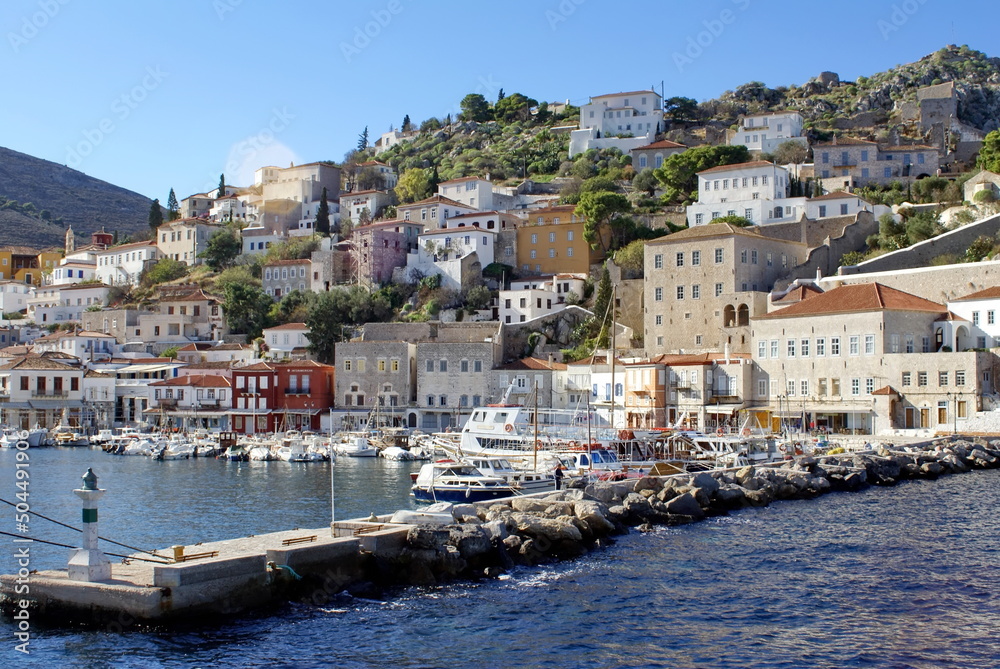 Town on the hill above the harbor on Hydra, Greek Isles