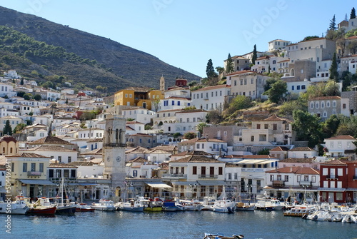 Town on the hill above the harbor on Hydra, Greek Isles © Angela