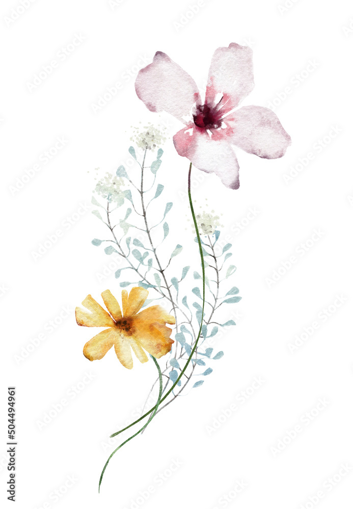 Watercolor bouquet with wild flowers, twigs. Pink, blue and yellow flowers, branches. Hand drawn floral illustration