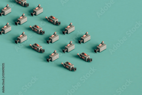 rows of Videocameras on a blue background. 3d render photo
