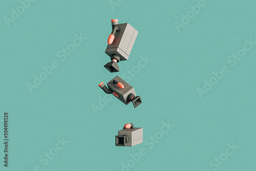 Videocameras falling in different positions. 3d render photo