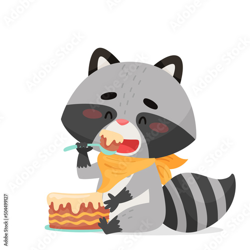 A raccoon eats a piece of cake with a spoon on the floor. He has a napkin around his neck. Drawn in cartoon style. Vector illustration for designs, prints and patterns. Isolated on white background