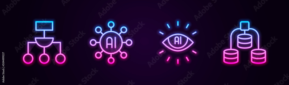 Set line Algorithm, Neural network, Artificial intelligence AI and Server, Data. Glowing neon icon. Vector Set line Algorithm, Neural network, Artificial intelligence AI and Server, Data. Glowing neon icon. Vector