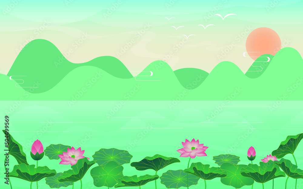 Fototapeta premium summer lotus landscape illustration background