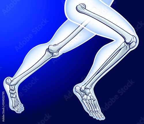 3D illustration of running man with skeleton from ankle to toe on dark blue background. It is used in medicine, education and science.