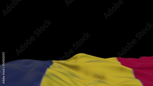 Chad fabric flag waving on the wind loop. Chadic embroidery stiched cloth banner swaying on the breeze. Half-filled black background. Place for text. 20 seconds loop. 4k photo