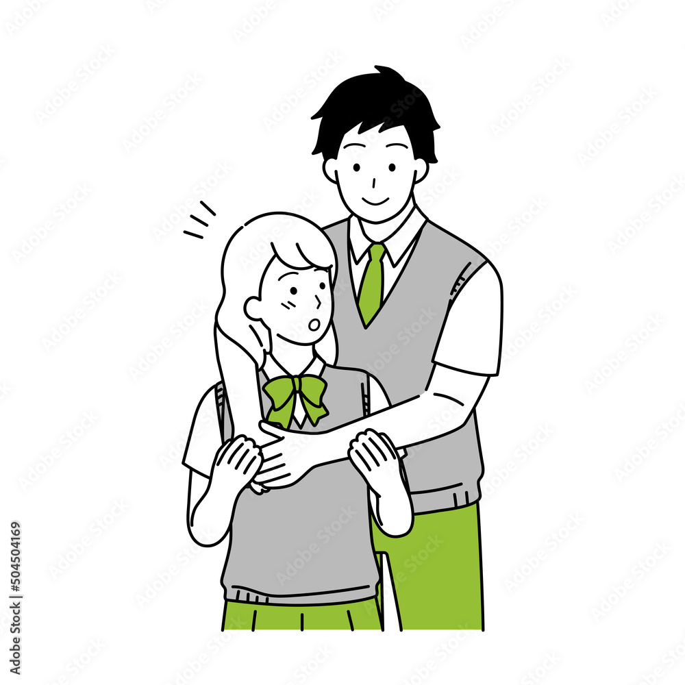 Illustration of a student couple hugging, upper body.