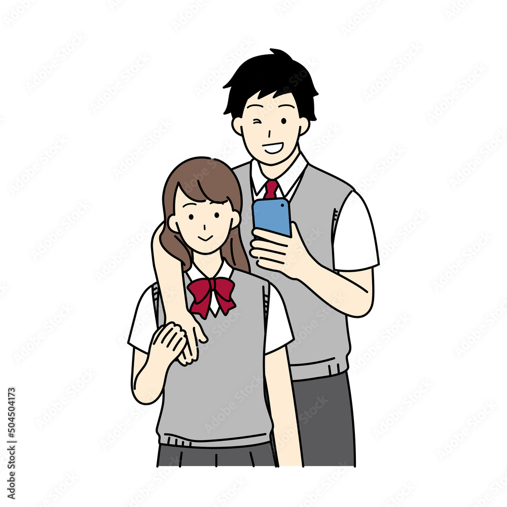 Fototapeta premium Illustration of a student couple shooting while hugging.