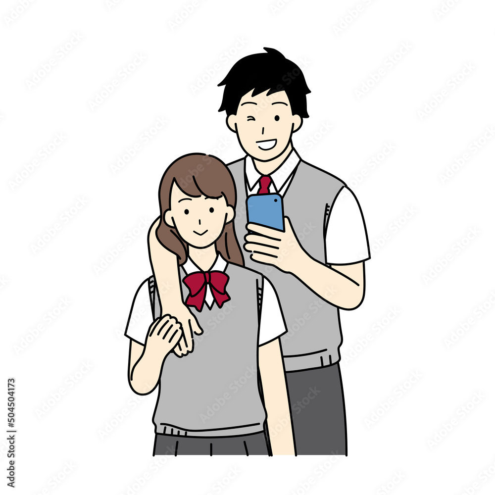 Illustration of a student couple shooting while hugging. Illustration of a student couple shooting while hugging.