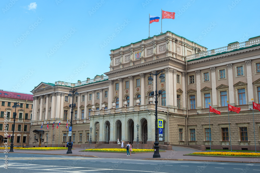 Facade of the Mariinsky Palace (St. Petersburg Legislative Assembly) on a June morning. Saint Petersburg