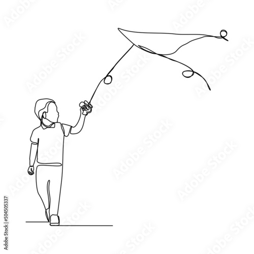 Continuous single one line art drawing of boy kids playing kite vector illustration