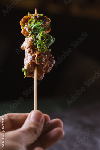 Crop person with delicious chicken teriyaki skewer