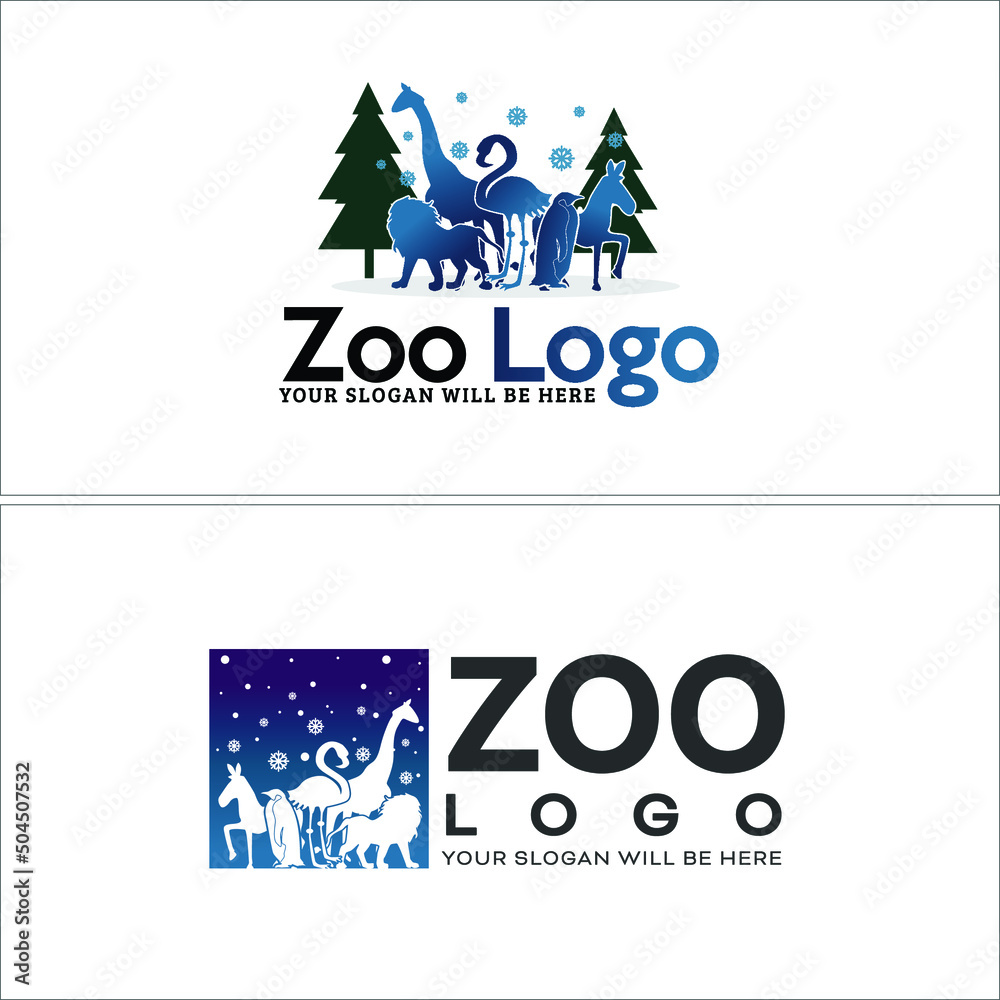 The illustration park zoo logo with various kinds animal such as horse, flamingo, penguin, lion, giraffe, and pine tree vector design