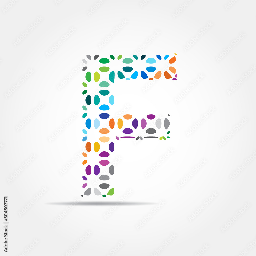 Letter F logo design. Dots logo, dotted shape logotype vector design. Colorful F letter logo in a flower alphabet style
