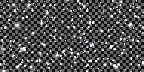 Snow falling or sparkling snowfall of glittering snowflake and glowing glitter particle on transparent background.