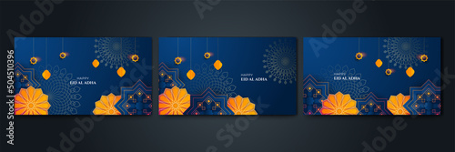 Eid al-adha mubarak in arabic typography greetings with islamic ornament, translate "Blessed Eid Al-Adha" you can use it for greeting card, calendar, template and sticker - vector