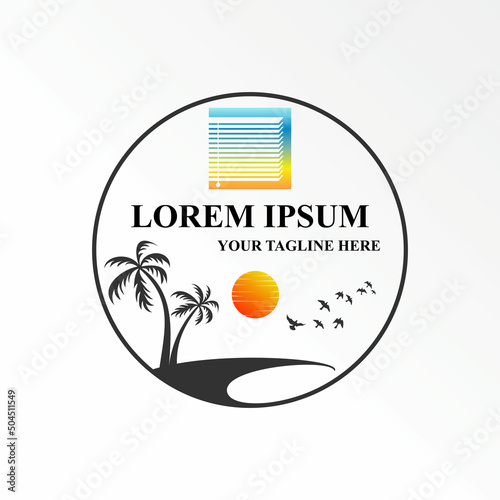 Window, palm trees and birds in island or beach image graphic icon logo design abstract concept vector stock. Can be used as a symbol related to plant or vacation