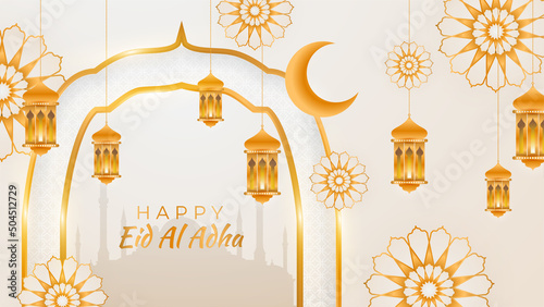 Ied Al Adha Islamic greeting white gold colorful design background