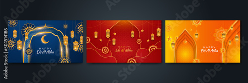 Set of Ied Al Adha Islamic greeting blue orange and red colorful design background
