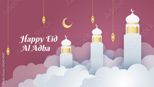 Islamic background, Gift box, lantern, gold crescent moon on white. Design concept of ramadan kareem, mawlid, iftar,isra and miraj or eid al fitr adha, copy space text area, 3D illustration.