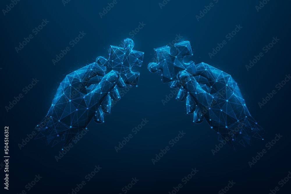 hand jigsaw puzzle connect low poly wireframe. Business partners and solution. vector illustration fantastic digital line and dot design. isolated on blue dark background. Strategy for success. - obrazy, fototapety, plakaty 
